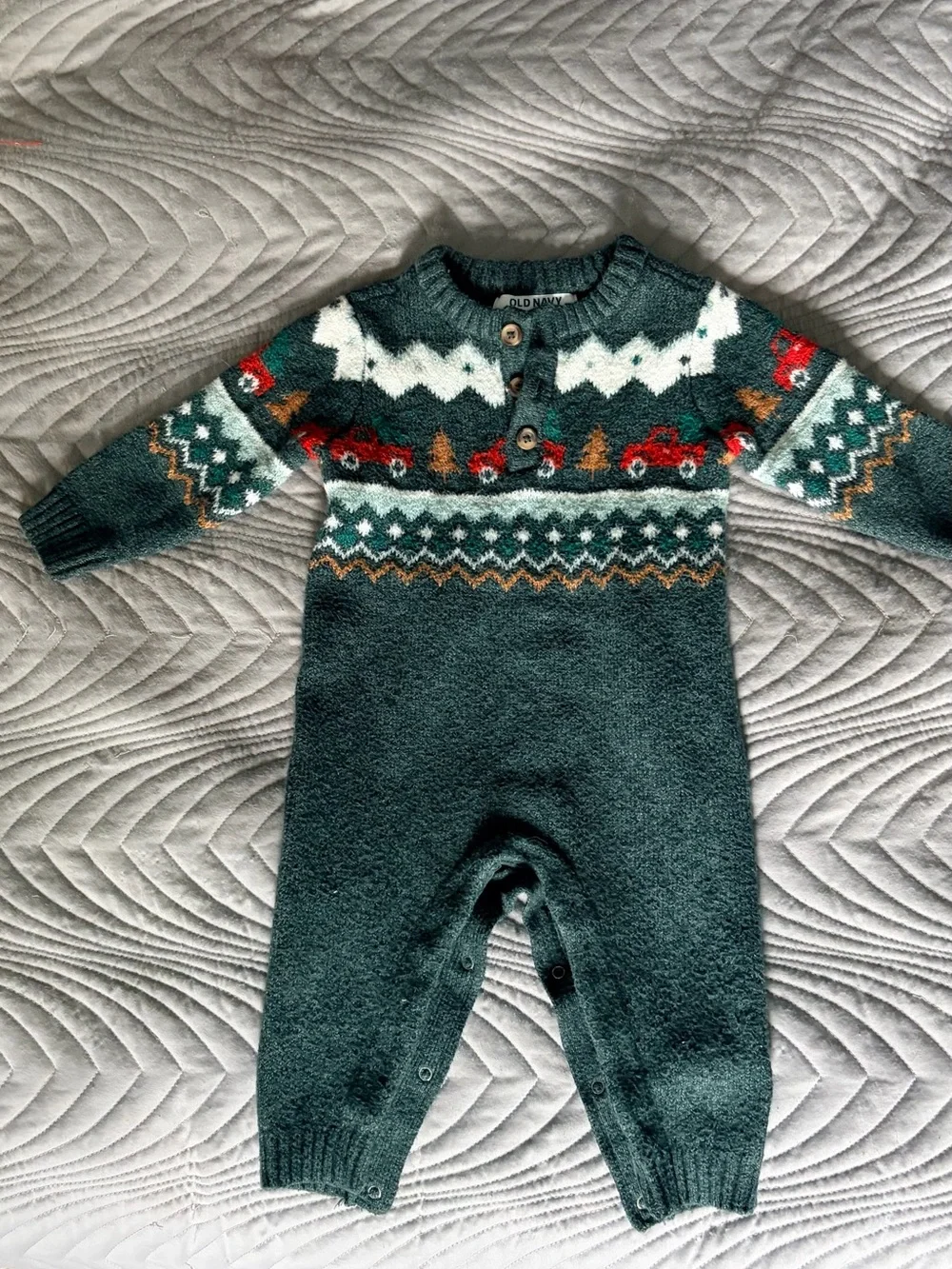 Old Navy Dark Green Knit Holiday Baby One-Piece with Red Truck Accents